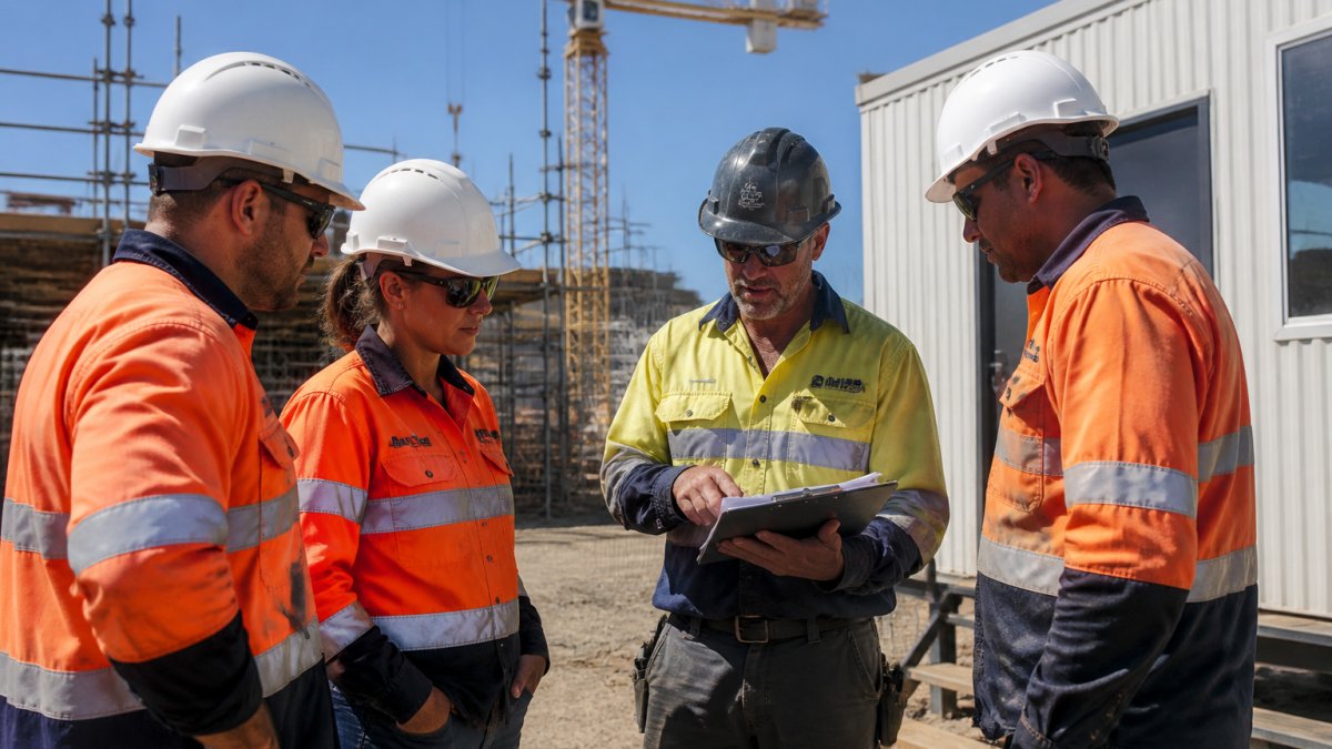 Construction supervisor and workers reviewing an emergency plan and first aid training protocols on-site