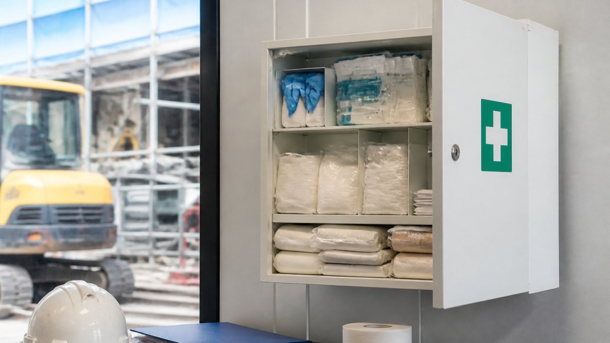 Wall-mounted first aid cabinet on a construction site to help organize workplace first aid supplies.