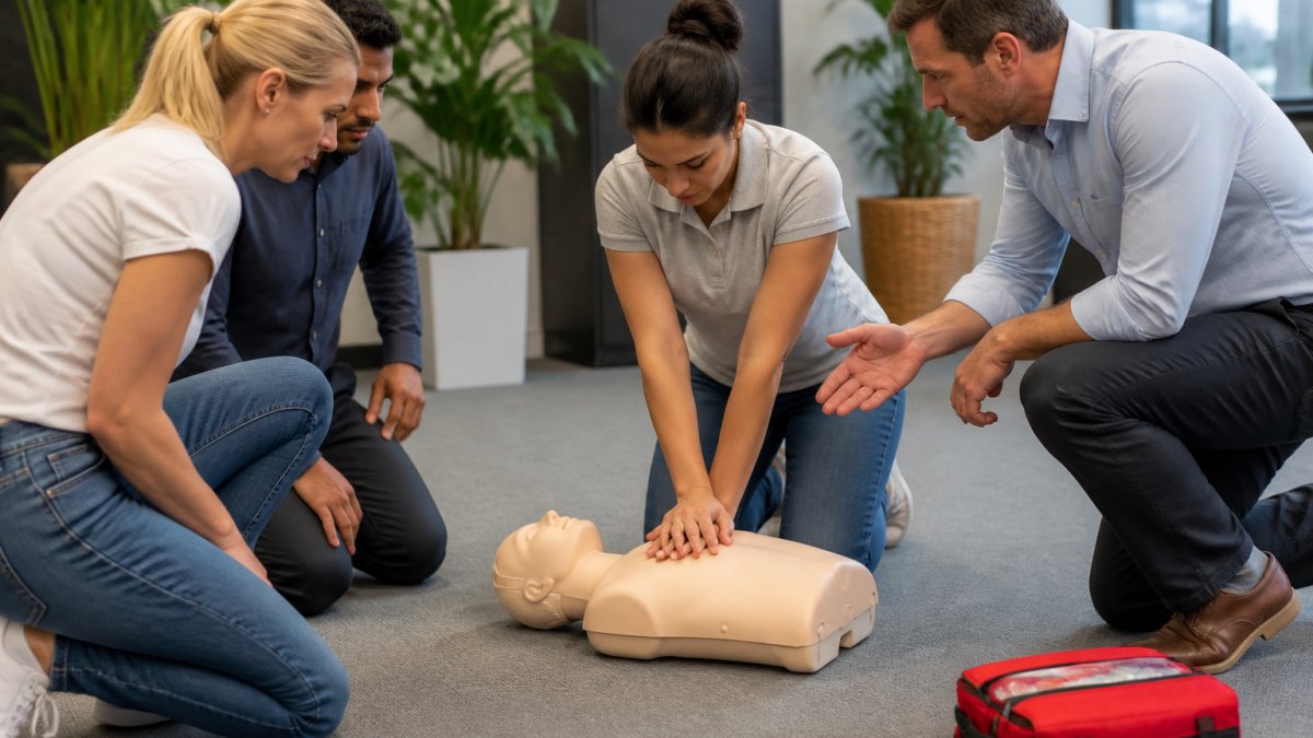 Instructor observing employees practicing CPR compressions during a first aid training session