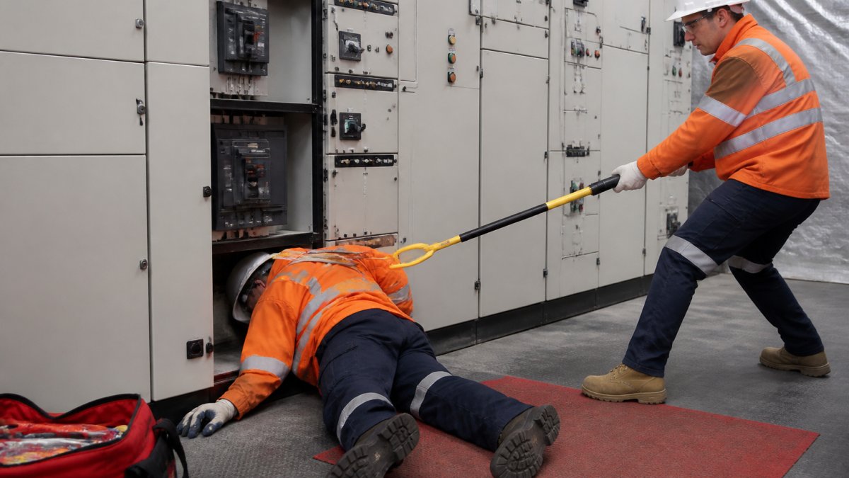 Tradesperson using a rescue hook to pull a colleague away from a live LV panel in an industrial switch room