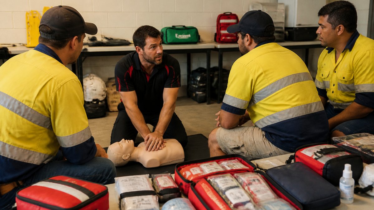 First aid trainer demonstrating CPR to construction workers as an effective SKLD training alternative